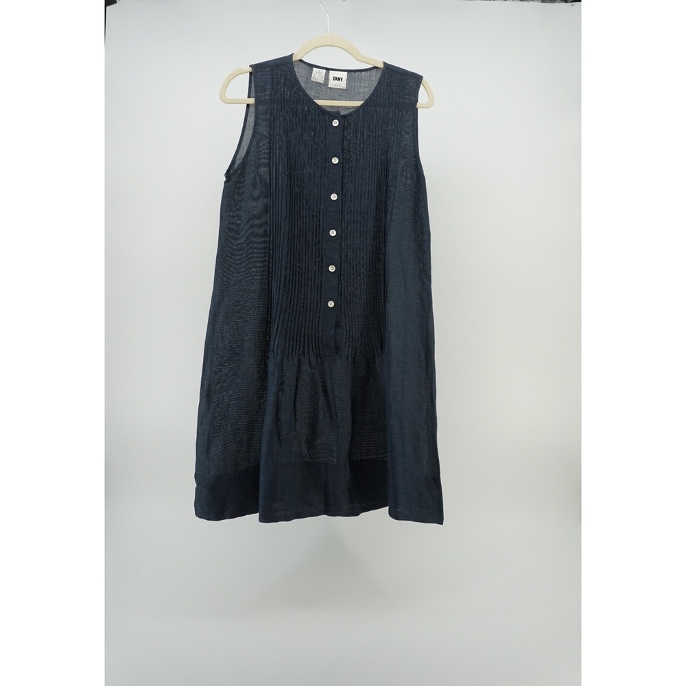 DKNY Classic mini Dress Linen Silk Pintuck Sheer Lightweight Lagenlook Navy 6